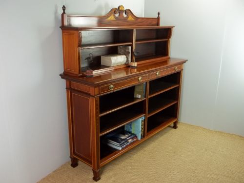 A Large Antique Stamped Gillows Mahogany Inlaid Satinwood Banded Three Part Open Dwarf Bookcase with Adjustable Bookshelves. C.1895.