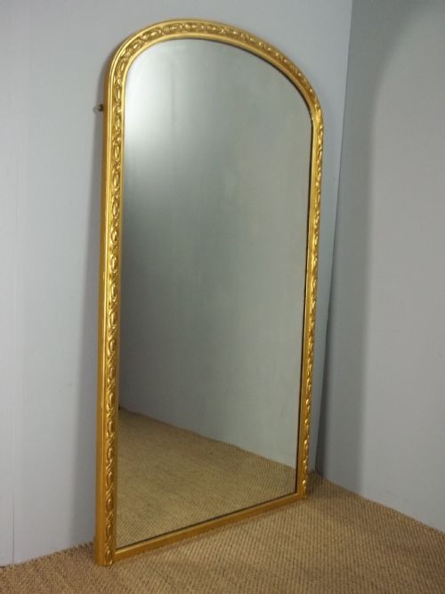Antique English 19th Century Gilt Arch Top Narrow Tall Pier Console Looking Glass Cheval Dressing Room Gilded Overmantle Overmantel Mirror.c.1871.