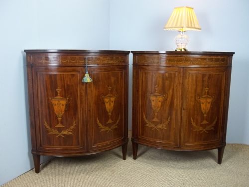 A Rare Pair of Stamped Antique Edwards and Roberts Mahogany Marquetry Inlaid Encoignures or Bow Front Corner Side Cabinet Cupboards. C.1895.