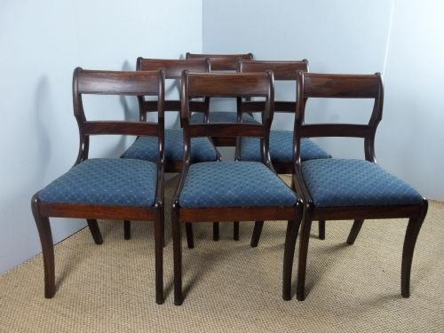 Antique Set of Six  Regency Georgian Cuban Mahogany Sabre Leg Upholstered Dining Chairs.c.1810.