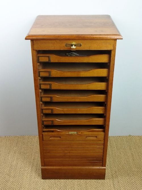 Antique Oak Tambour Fronted Edwardian Wellington Design Filing Cabinet Chest of Drawers. C.1900.