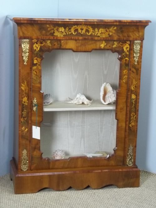 Antique 19th Century Victorian Walnut Marquetry Satinwood Inlaid Pier Console Vitrine Display Side Narrow Cabinet Collectors Credenza with Gilt Bronze Mounts. C.1860.