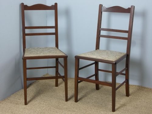 Antique Pair of Edwardian Mahogany Inlaid Upholstered Side Occasional Hall Salon Bedroom Side Chairs. C.1900.