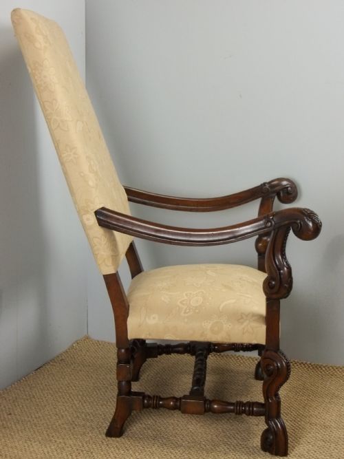 A FABULOUS QUALITY 19TH CENTURY LARGE CAROLEAN JACOBEAN DESIGN CARVED WALNUT CHAIR SUITABLE AS A HALL LIBRARY PORTERS UPHOLSTERED EASY LARGE OPEN ELBOW ARMCHAIR THRONE CHAIR C1895 - ADDITIONAL PHOTO 1