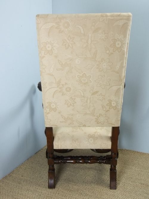 A FABULOUS QUALITY 19TH CENTURY LARGE CAROLEAN JACOBEAN DESIGN CARVED WALNUT CHAIR SUITABLE AS A HALL LIBRARY PORTERS UPHOLSTERED EASY LARGE OPEN ELBOW ARMCHAIR THRONE CHAIR C1895 - ADDITIONAL PHOTO 3