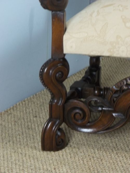 A FABULOUS QUALITY 19TH CENTURY LARGE CAROLEAN JACOBEAN DESIGN CARVED WALNUT CHAIR SUITABLE AS A HALL LIBRARY PORTERS UPHOLSTERED EASY LARGE OPEN ELBOW ARMCHAIR THRONE CHAIR C1895 - ADDITIONAL PHOTO 6
