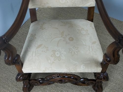 A FABULOUS QUALITY 19TH CENTURY LARGE CAROLEAN JACOBEAN DESIGN CARVED WALNUT CHAIR SUITABLE AS A HALL LIBRARY PORTERS UPHOLSTERED EASY LARGE OPEN ELBOW ARMCHAIR THRONE CHAIR C1895 - ADDITIONAL PHOTO 7