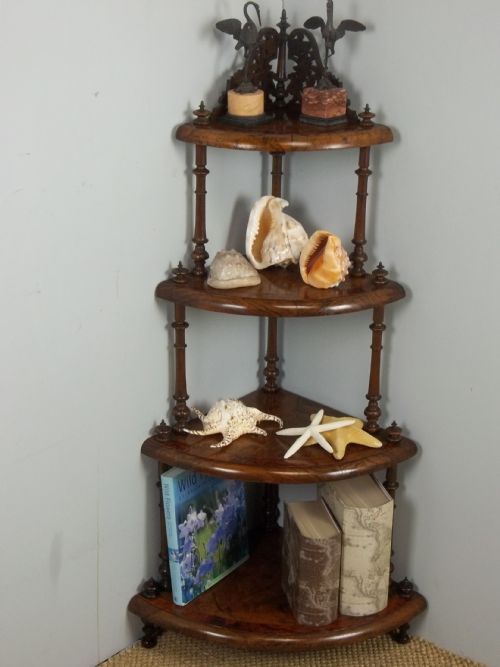 Antique Burr Walnut Inlaid Victorian 19th Century Corner Whatnot Set of Open Bookshelves. C.1860.