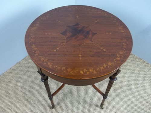 Antique Maples & Co Stamped Mahogany Inlaid Circular Round Centre Center Lamp Occasional Sofa Table. C.1895.