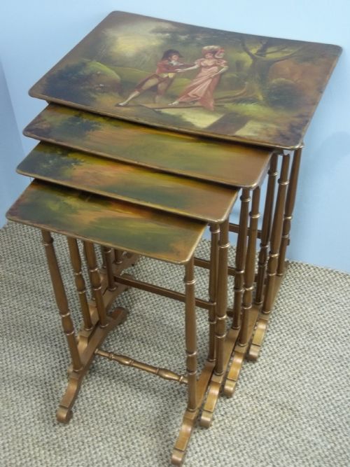 ANTIQUE QUARTETTO NEST OF FOUR GILT PAINTED LAMP OCCASIONAL LOW COFFEE WINE SIDE STACKING TABLES SIGNED BY EDALIGNY C1910 - ADDITIONAL PHOTO 1