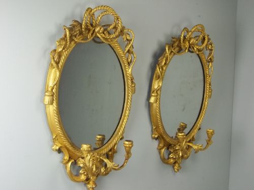 Antique  Fabulous Pair of Oval Gilt Looking Glass Girandoles Regency English Mirrors. C.1825.