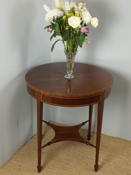 Antique Circular Marquetry Inlaid Mahogany Round Centre Lamp Occasional Table. C.1900.