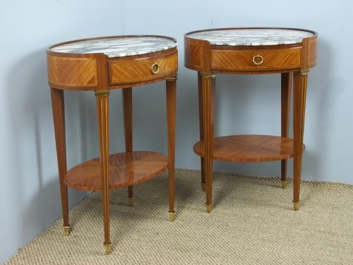 Antique Pair of Fabulous 19th Century Oval Kingwood Satinwood Tulipwood Gilt Bronze Mounted Pair of Occasional Side Lamp Marble Topped Bedside Tables Night Stands. C1880.