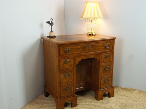 Antique Small Kneehole Figured Burr Walnut Desk Comprising a Georgian 18th Century Dressing Chest of Drawers of Queen Anne Design