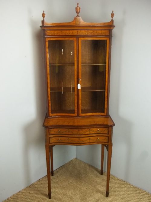 Antique Small Satinwood Serpentine Shaped Marquetry Inlaid Bookcase Display Cabinet on Stand