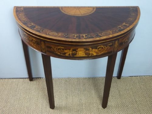 Antique Demi Lune Sheraton 18th Century Mahogany Rosewood and Marquetry Inlaid Card Table of Half Moon Semi Circular Design