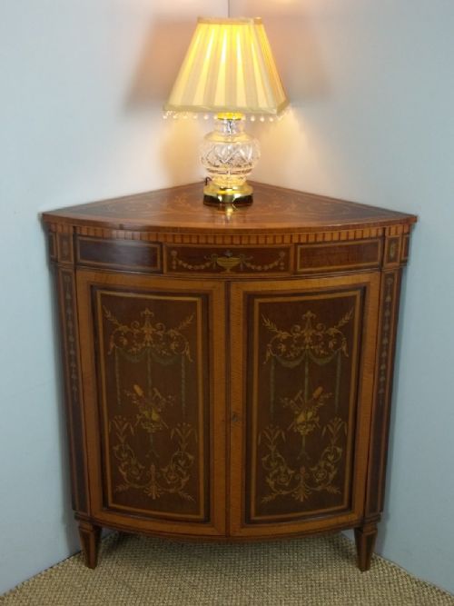 Antique Stamped Edwards and Roberts Bow Front Mahogany and Satinwood  Marquetry Inlaid Corner Cabinet Encoignure. C.1900