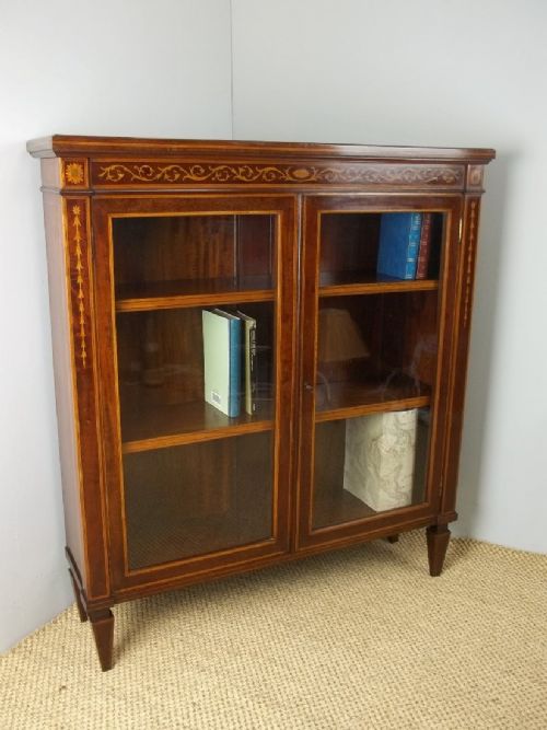 Antique Edwards and Roberts Small Glazed Marquetry Inlaid Mahogany Bookcase Display Cabinet with Adjustable Shelves. C.1900.