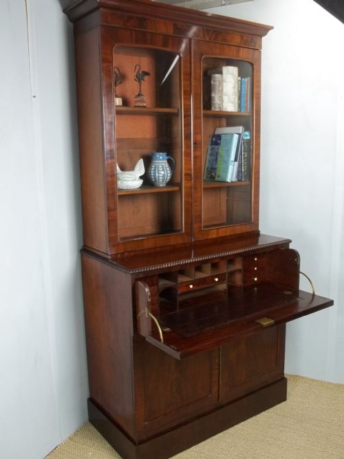 Antique Regency 19th Century William IV Mahogany Glazed Secretaire Bookcase Cupboard with Adjustable Shelves. C1830.