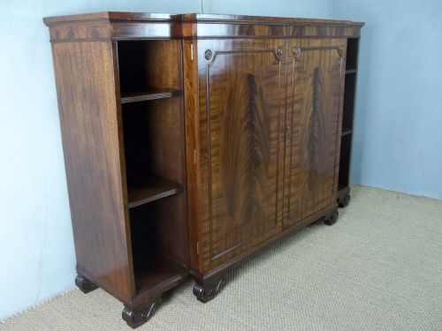 Antique Mahogany Open Breakfront Bookcase Chiffonier Sideboard Credenza of Break Front Book Shelves Adjustable Regency Hepplewhite Design.