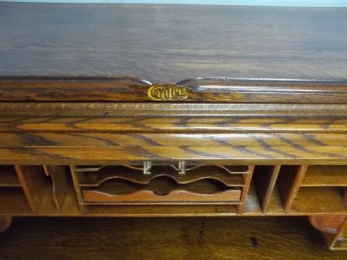 ANTIQUE OAK 5 FT LARGE ROLL TOP PEDESTAL DESK SIGNED CUTLER - ADDITIONAL PHOTO 3