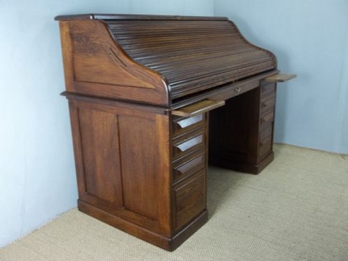 ANTIQUE OAK 5 FT LARGE ROLL TOP PEDESTAL DESK SIGNED CUTLER - ADDITIONAL PHOTO 5