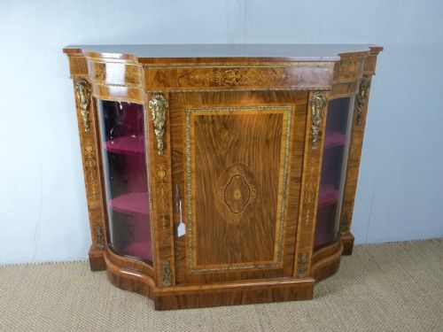 Antique 19th Century Serpentine Shaped Figured Walnut Inlaid Ormolu Mounted Small Narrow Credenza Display Side Pier Sideboard Cabinet . C.1860.