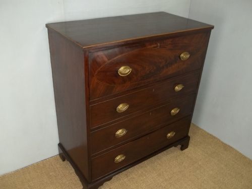 A Delightful Small Antique Sheraton Period Regency Mahogany Inlaid Oak Lined Secretaire Chest of Drawers Writing Table Desk Bureau.