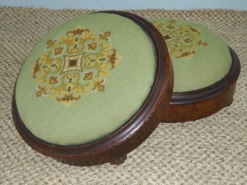 Antique Pair of Walnut Petit Point Tapestry Upholstered Circular Small Gout Footstools Foot Stools