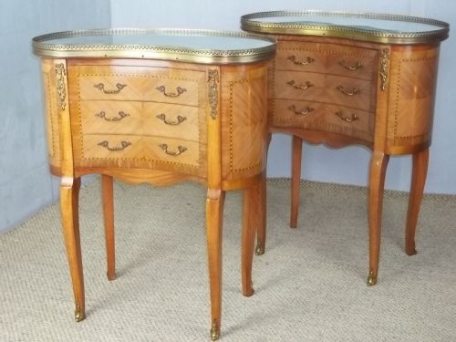 A Pair of Antique Walnut French  Inlaid Bedside Lamp Chests with Flat Marble Table Top and Gilt Bronze Ormolu Mounts