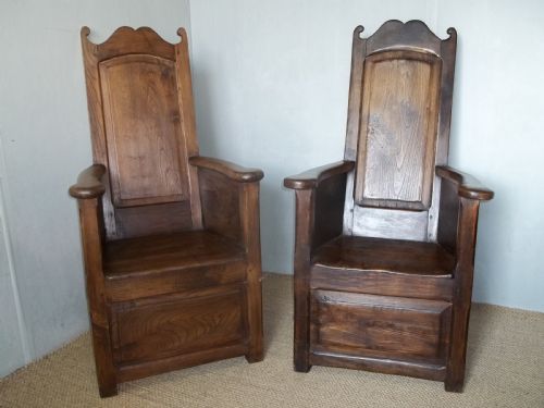 Extremely Rare Matched Pair of Welsh Elm 18th/19th Century Lambing Wainscot Hall Reading Panelled Primitive Joint Fireside Arm Elbow Oak Alder Chairs Armchairs Thrones.