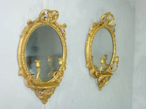 Pair of Gilt Wood Looking Glass Pier Gilded Oval Giltwood Wall Girandole Mirrors