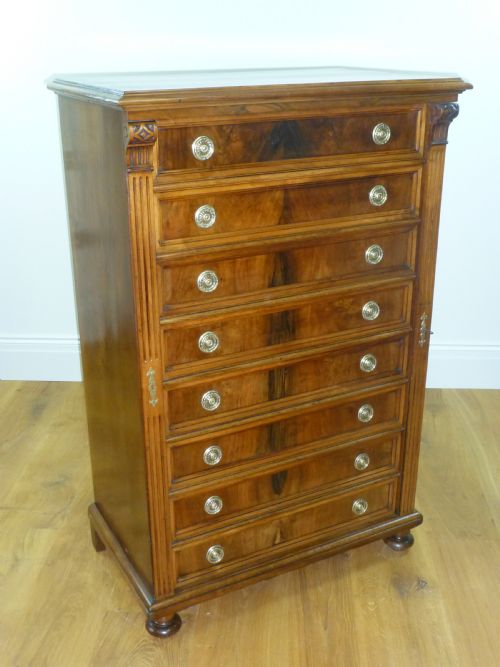 Superb Quality Figured Walnut Wellington Narrow Tall Filing Chest of Drawers. C1870