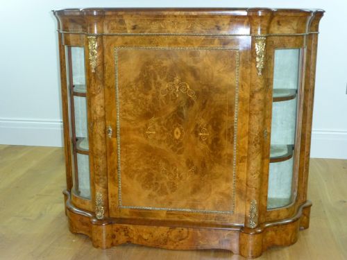 Antique Superior Small Serpentine Shaped Burr Walnut Inlaid Walnut Side Cabinet Credenza Sideboard Chiffonier Pier Console Table