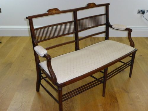 Mahogany Inlaid Edwardian Upholstered Cameo Double Twin  Two Seat Bedroom Seater Sofa Settee Armchair
