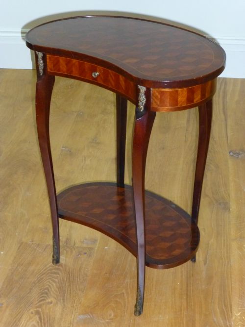 French Parquetry Small Inlaid  Bronze Mounted Kidney Shaped Occasional Lamp Side Hall Table. C1890.