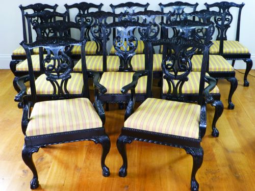 Fantastic Set of Fourteen 14( Twelve + Two)chippendale Design Upholstered Dining Chairs 12 + 2