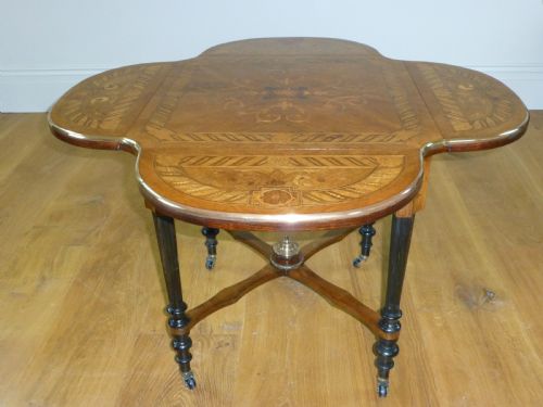 Walnut Marquetry Drop Leaf Inlaid Low Lamp Side Occasional French Gilt Mounted Inlaid Center Centre  Coffee Table. C 1880