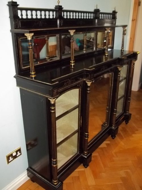 Antique Ebony Credenza Ebonised Chiffonier Sideboard with Gilt Bronze Mounts and Ebonized Pillars