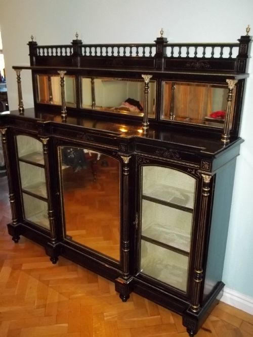 fig 1. Antique ebony credenza ebonised chiffonier sideboard with gilt bronze mounts and ebonized pillars