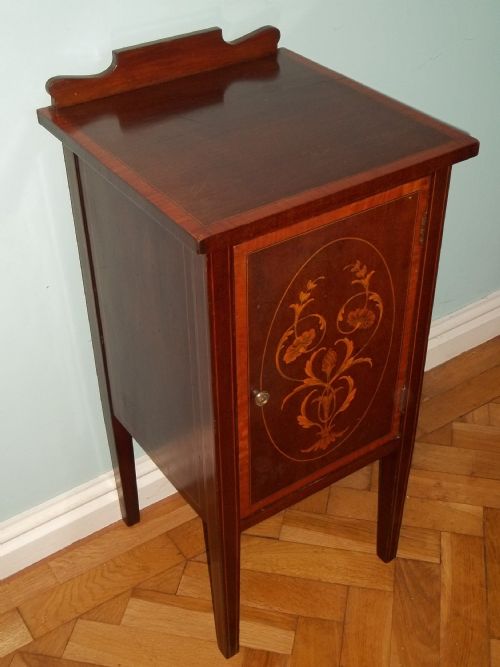 Mahogany Marquetry Inlaid Pedestal Bedside Pot Cupboard Cabinet Edwards Roberts