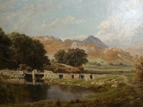 Antique Large Welsh Oil on Canvas Painting of a Scene Titled the Bridge at Capel Curig by Robert Gallon R.A. Rsa
