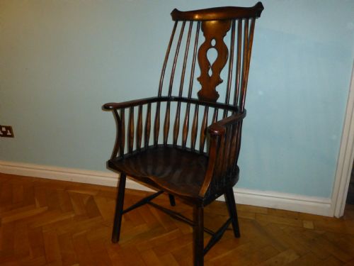Georgian Antique Windsor Elm Ash and Fruitwood Lobster Pot Comb Back Primitive Stick Arm Chair Armchair