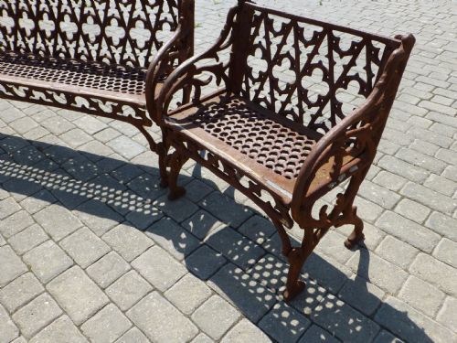 AN EXTREMELY RARE PAIR OF CAST IRON GARDEN CHAIRS AND LARGE MATCHING BENCH OF VAL D'OSNE GOTHIC DESIGN - ADDITIONAL PHOTO 2