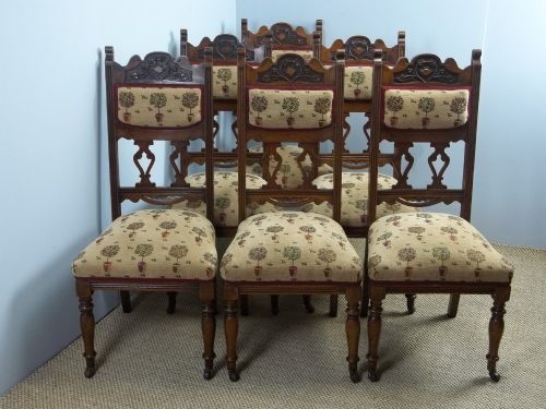 Stunning Set of Six Oak Upholstered Art Nouveau Kitchen Farmhouse Dining Chairs