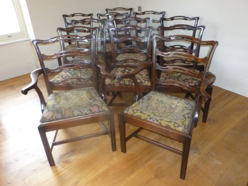 Fabulous Set of 12  Twelve ( 10 Plus 2 ) 19th Century Georgian Chippendale Design Mahogany Upholstered Ribbon Back Dining Chairs Ten Plus Two