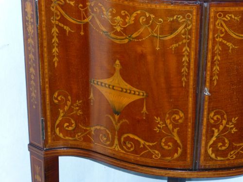 SUPERIOR EDWARDS AND ROBERTS MAHOGANY MARQUETRY INLAID SERPENTINE SHAPED FRONTED STANDING DOUBLE HEIGHT CORNER CUPBOARD DISPLAY CABINET C1900 - ADDITIONAL PHOTO 1
