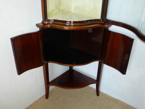 SUPERIOR EDWARDS AND ROBERTS MAHOGANY MARQUETRY INLAID SERPENTINE SHAPED FRONTED STANDING DOUBLE HEIGHT CORNER CUPBOARD DISPLAY CABINET C1900 - ADDITIONAL PHOTO 5