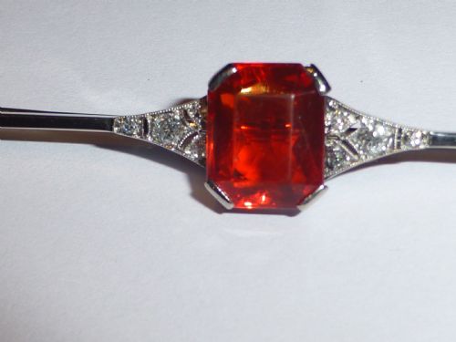 RARE CERTIFIED EDWARDIAN 35 CT FIRE OPAL DIAMOND AND 18CT WHITE GOLD BROOCH - ADDITIONAL PHOTO 3