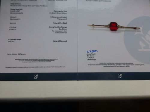 RARE CERTIFIED EDWARDIAN 35 CT FIRE OPAL DIAMOND AND 18CT WHITE GOLD BROOCH - ADDITIONAL PHOTO 17